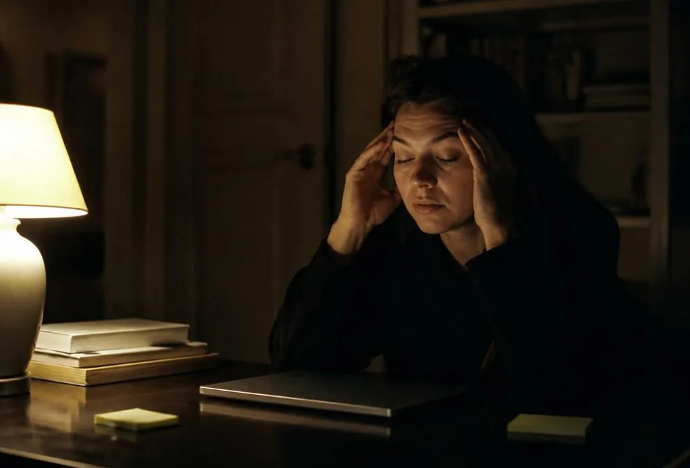 Person releasing head pressure at a dim desk late at night