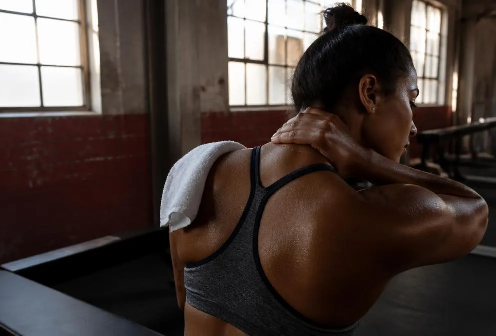 Athlete kneading neck and shoulder tension after training